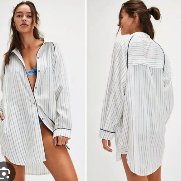 Free People Intimately - Day To Day Sleep Striped Oversized Button Down Shirt XS - Picture 1 of 12